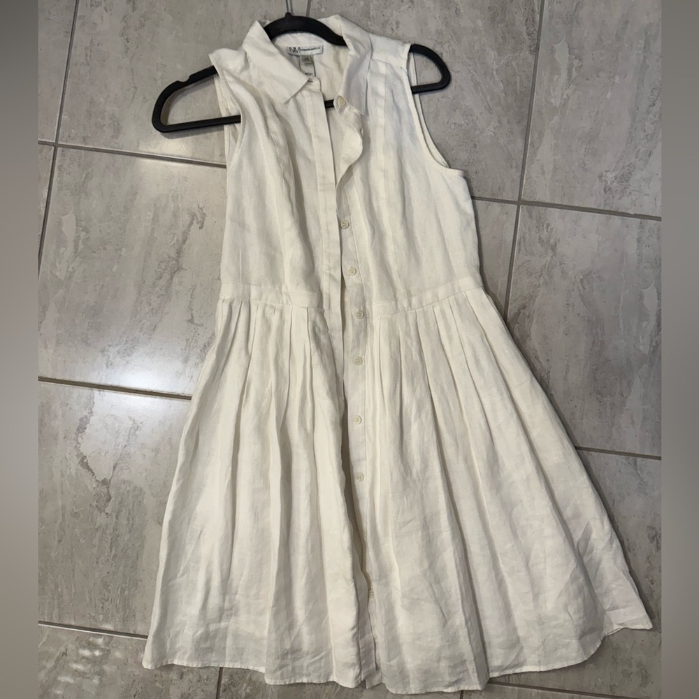 Neiman Marcus 100% Linen White Sleeveless Button Down Pleaated Midi Dress XS